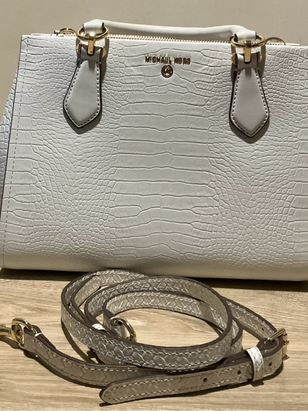 Michael Kors White Croc-Embossed Leather Satchel with Detachable Strap